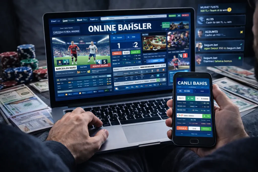 Online spor bahislerinde dijitalleşme: laptop ve mobil uygulama üzerinden canlı bahis yapan kullanıcı ve modern bahis platformu arayüzü