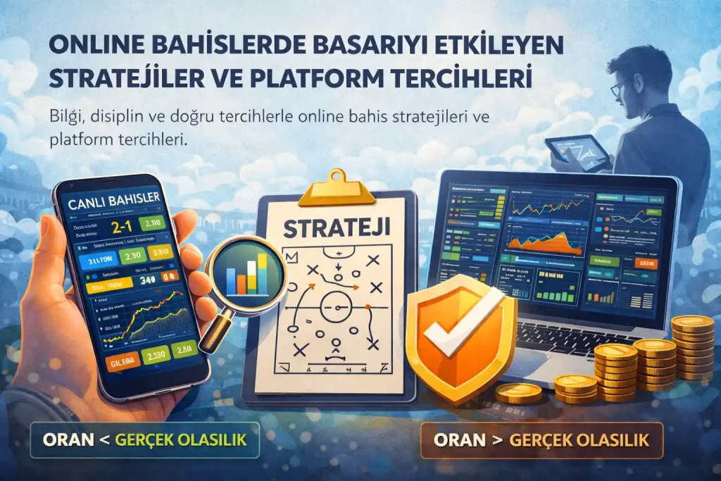 Online bahislerde başarıyı etkileyen strateji ve platform tercihlerini anlatan infografik; bilgi, disiplin ve doğru platform seçimiyle uzun vadeli bahis yaklaşımını görselleştirir