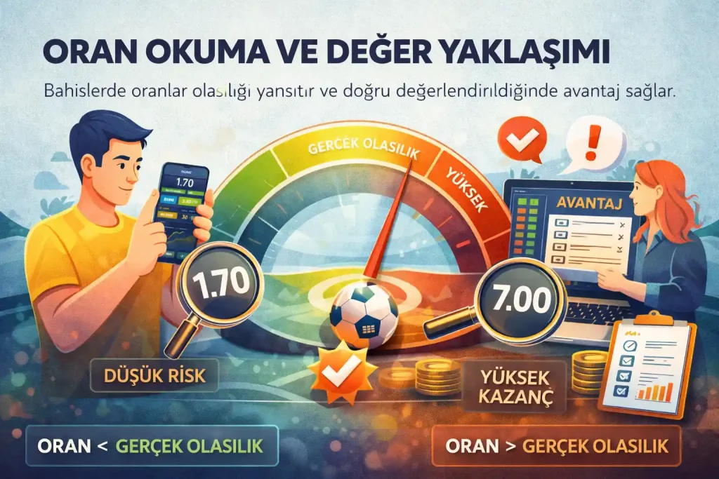Oran okuma ve değer yaklaşımını anlatan 2D illüstrasyon; gerçek olasılık ile bahis oranları arasındaki farkı, düşük risk ve yüksek kazanç kavramlarıyla görselleştiren infografik